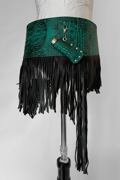 Load image into Gallery viewer, BELTED MINI — TEAL CROC / LEATHER FRINGE
