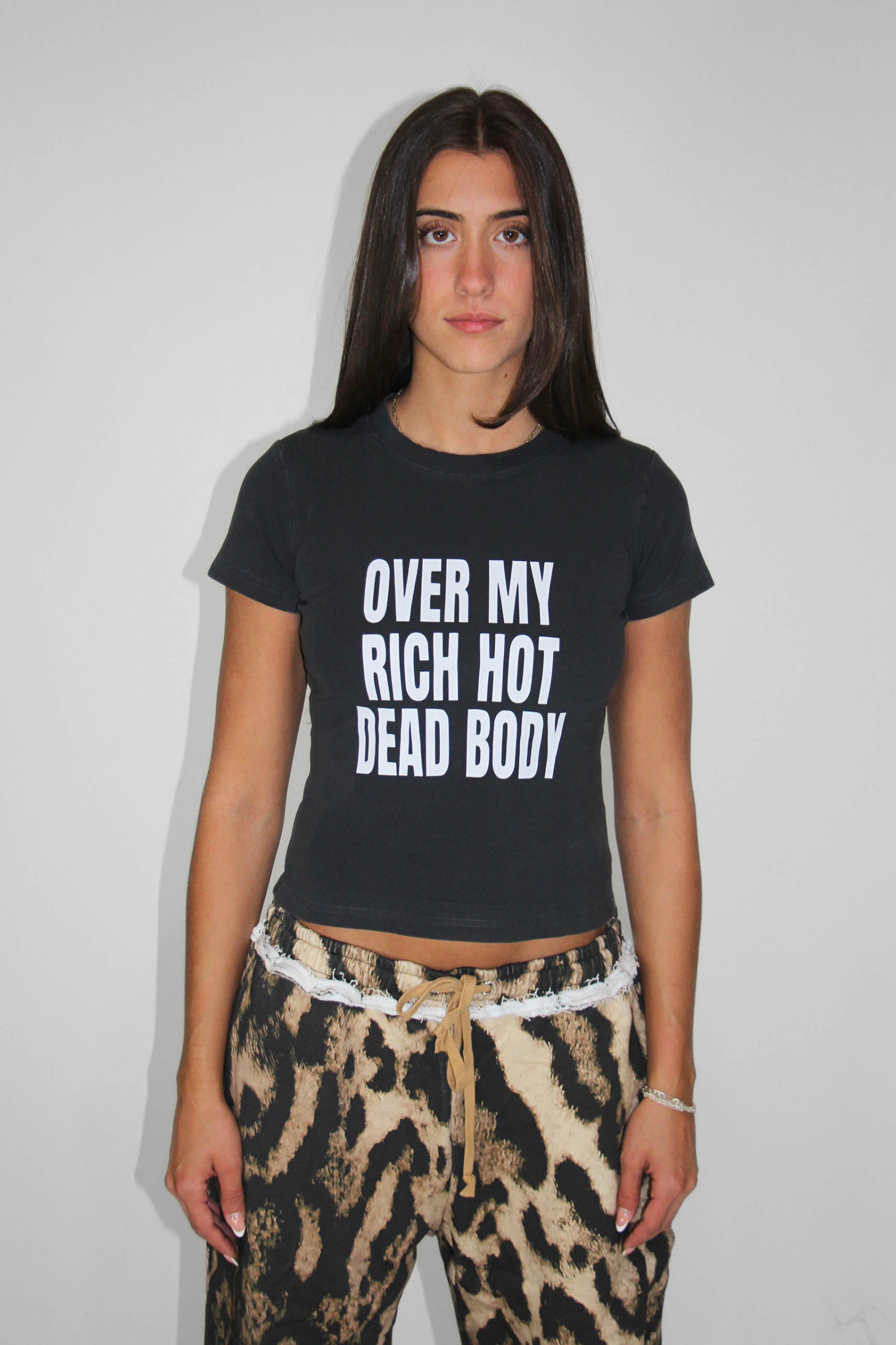 Over My Rich Hot Dead Body Baby Tee in Washed Black