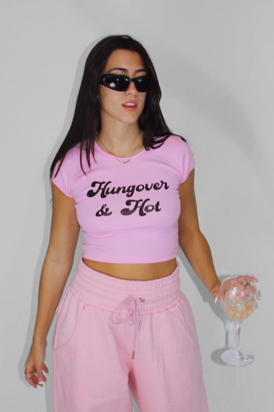 Load image into Gallery viewer, Hungover &amp; Hot Crop Baby Tee in Pink
