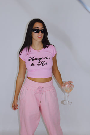 Hungover & Hot Crop Baby Tee in Pink
