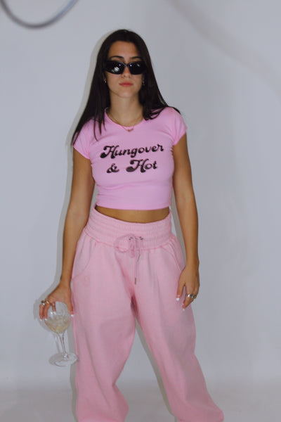 Load image into Gallery viewer, Hungover &amp; Hot Crop Baby Tee in Pink
