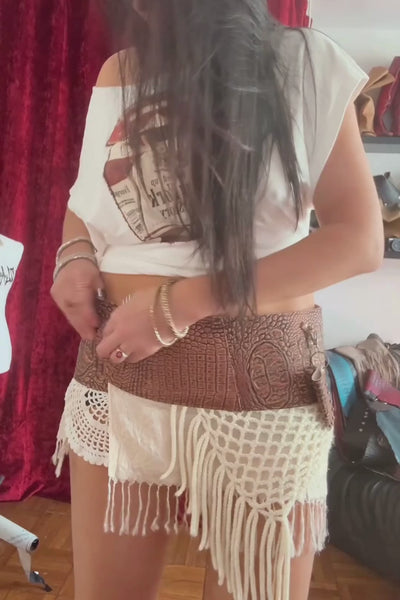 Load and play video in Gallery viewer, BELTED MINI — BRONZE CROC / LAYERED LACE
